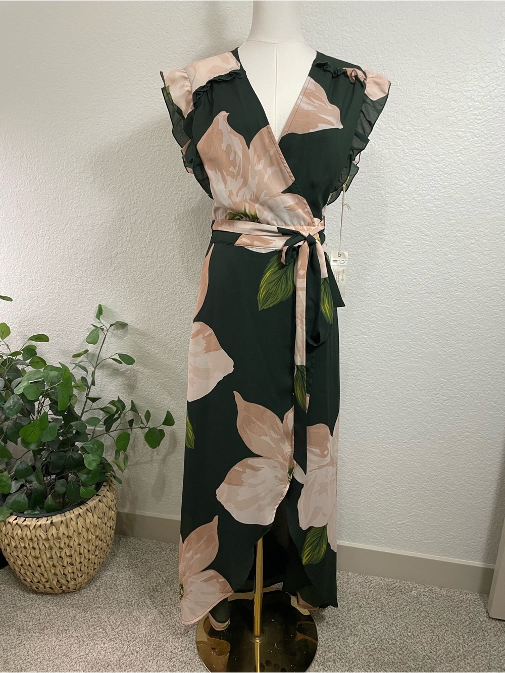 Happy Nature Floral Wrap Midi Dress NWT | Eco-Friendly Green Blush Ruffle Dress